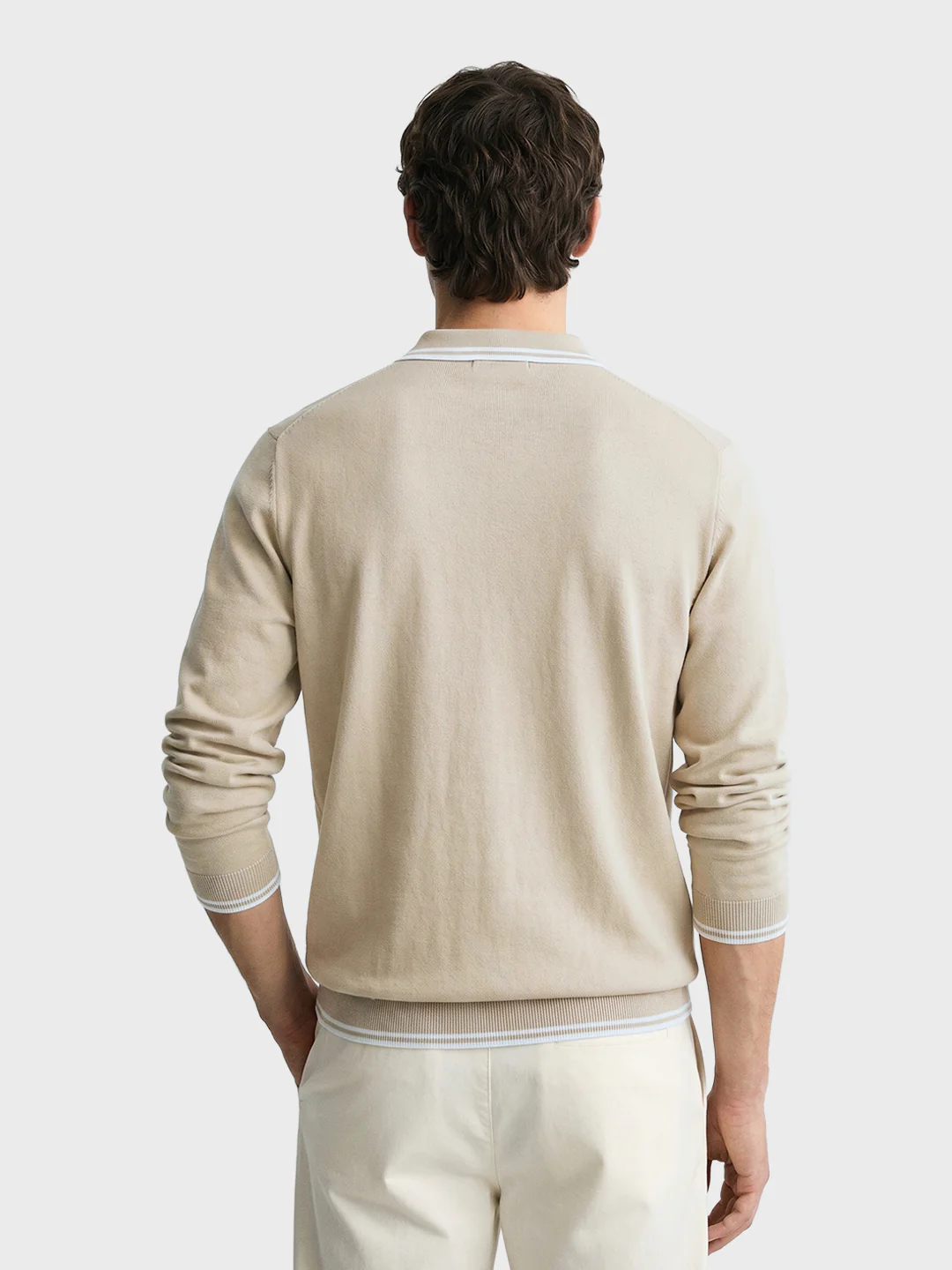 Men's Beige Slim Fit Textured Flat Knit Polo T-Shirt - Image 5