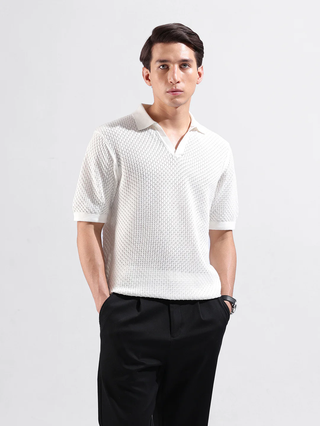 Men's White Slim Fit Striped Flat Knit Polo T-Shirt - Image 2