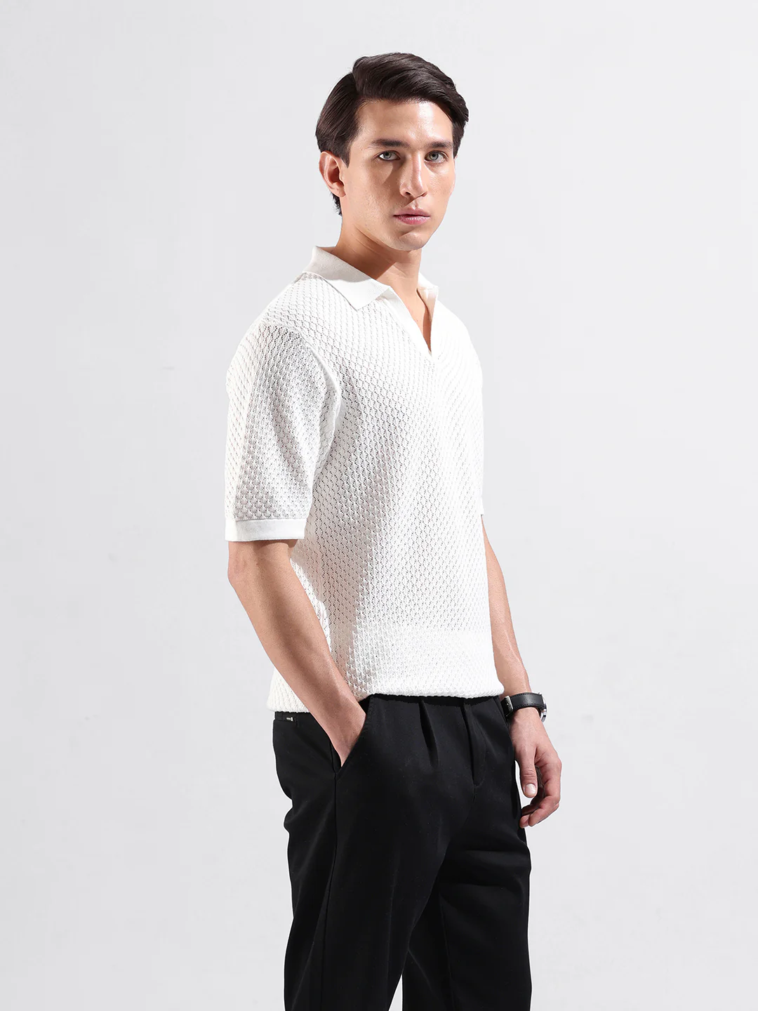 Men's White Slim Fit Striped Flat Knit Polo T-Shirt - Image 4