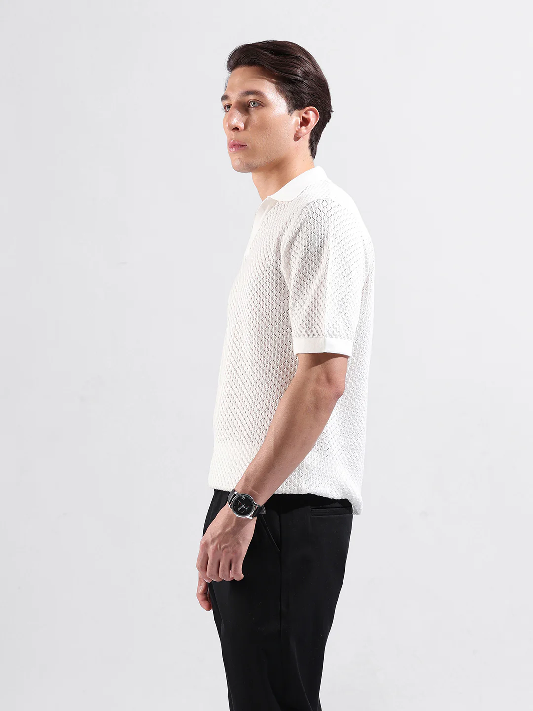 Men's White Slim Fit Striped Flat Knit Polo T-Shirt - Image 5