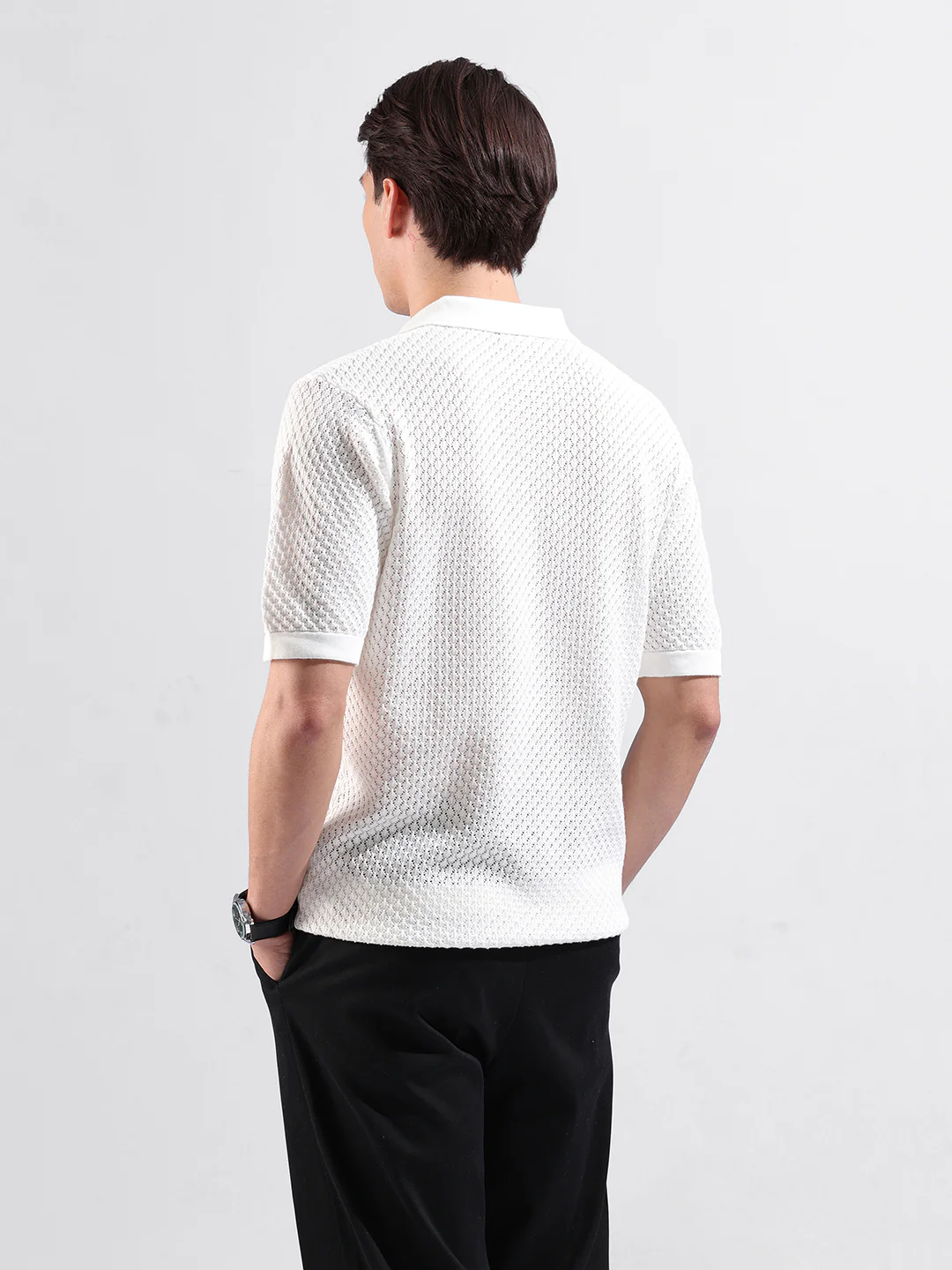Men's White Slim Fit Striped Flat Knit Polo T-Shirt - Image 6