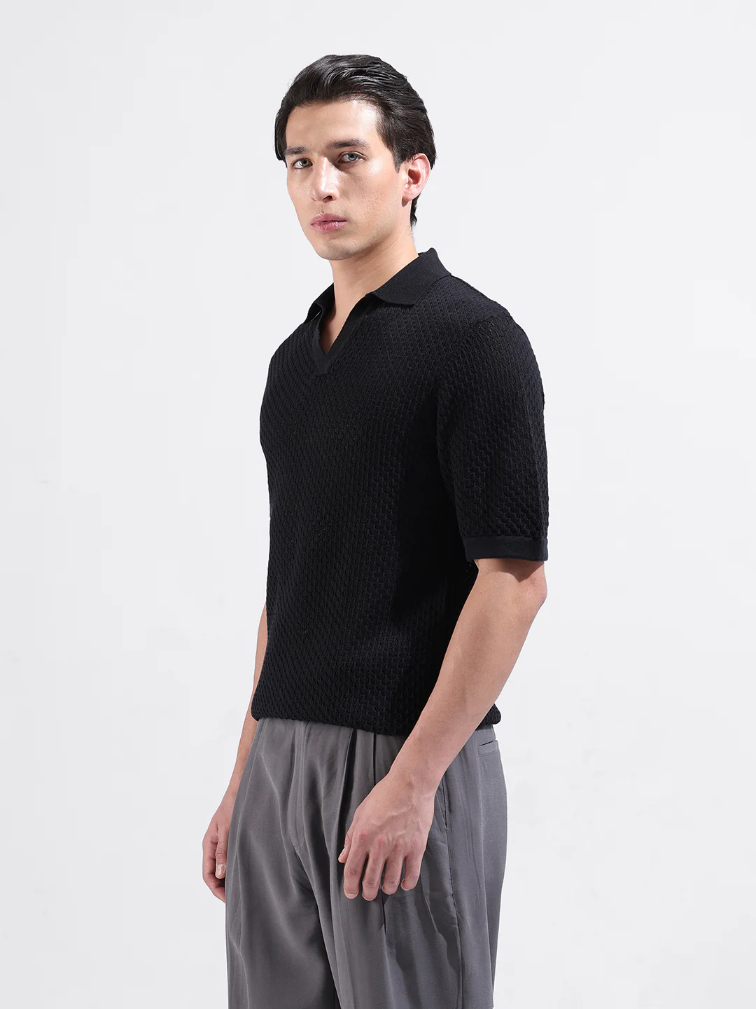 Men's Black Slim Fit Solid Flat Knit Polo  Polo T-Shirt - Image 2