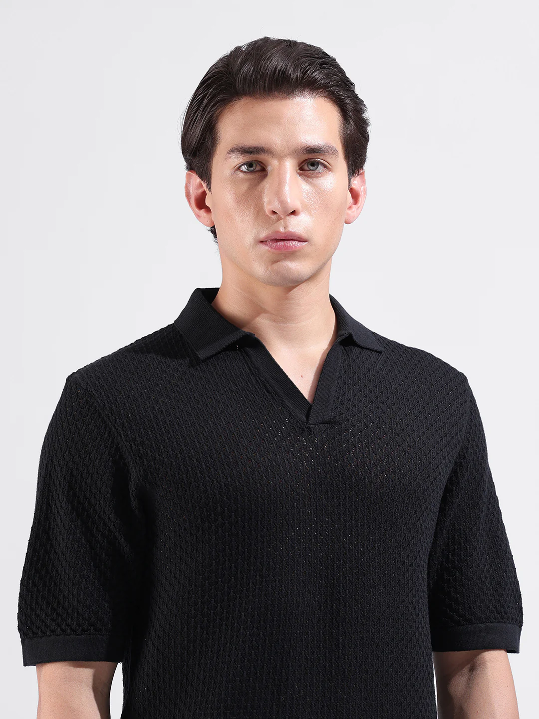 Men's Black Slim Fit Solid Flat Knit Polo  Polo T-Shirt - Image 5