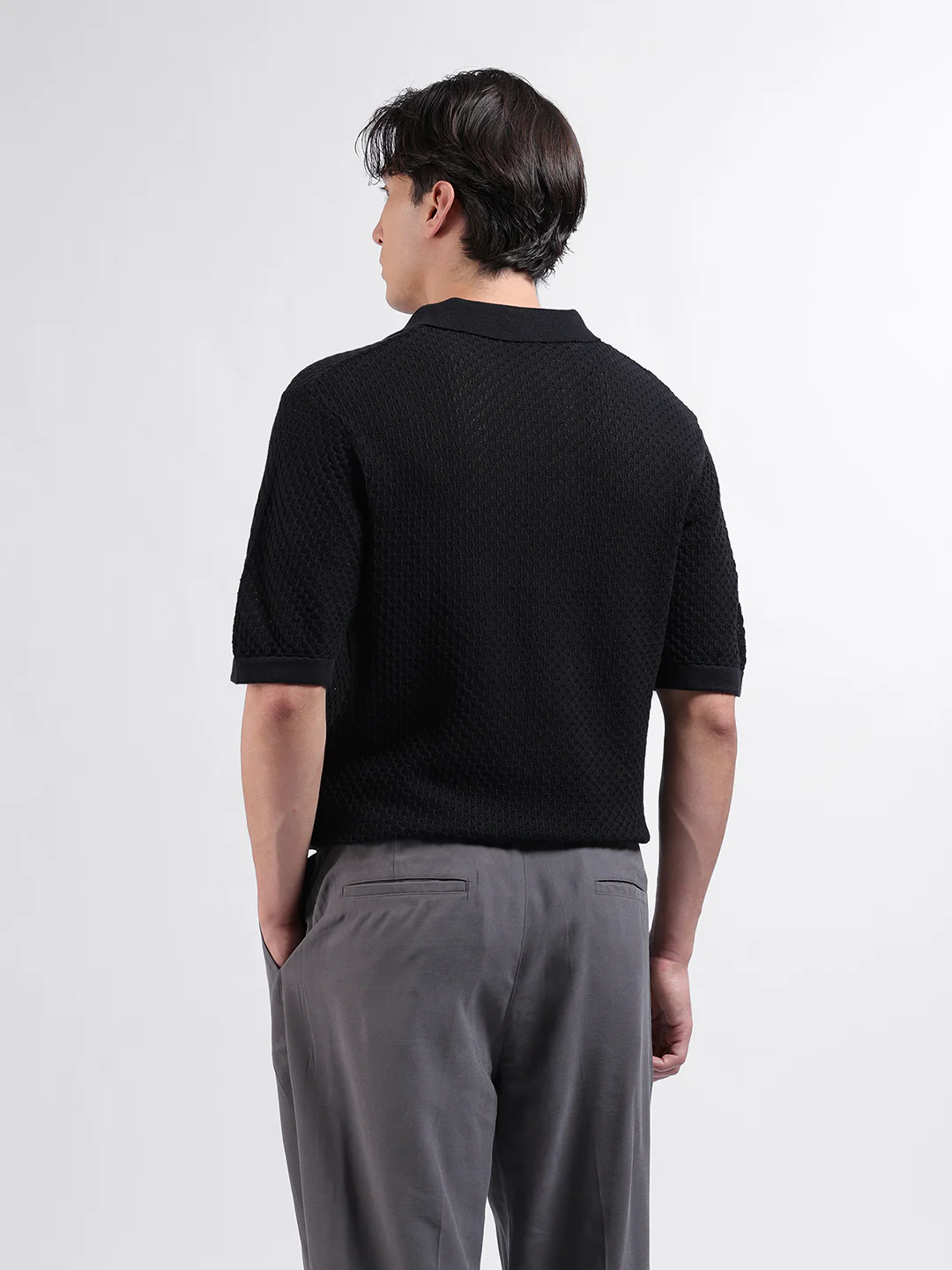 Men's Black Slim Fit Solid Flat Knit Polo  Polo T-Shirt - Image 6
