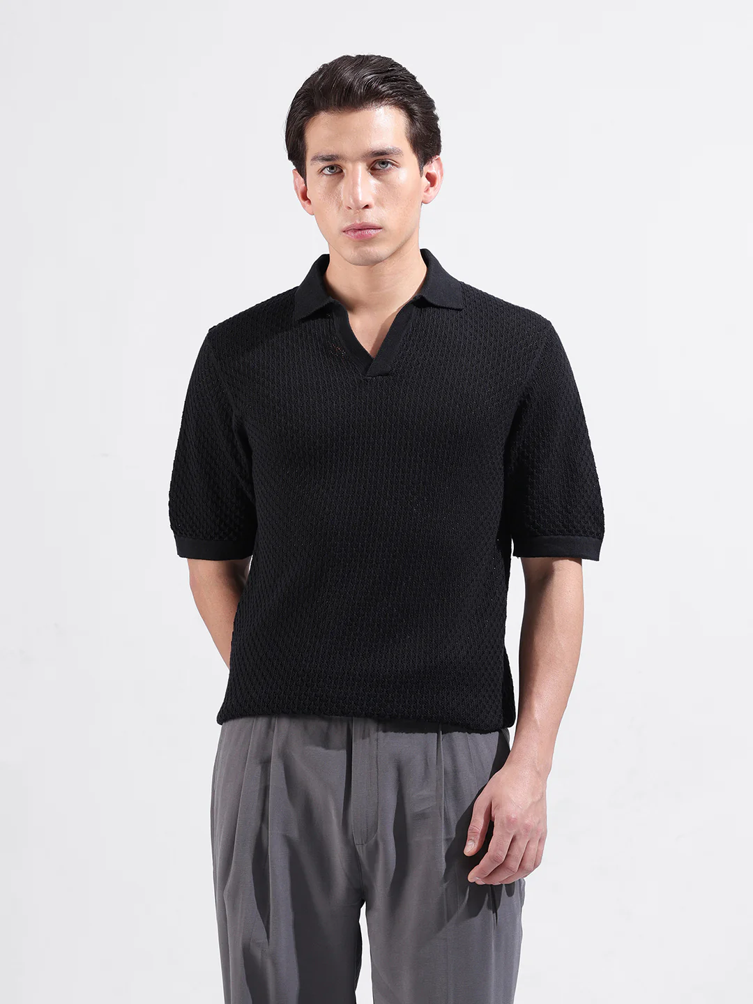 Men's Black Slim Fit Solid Flat Knit Polo  Polo T-Shirt - Image 8