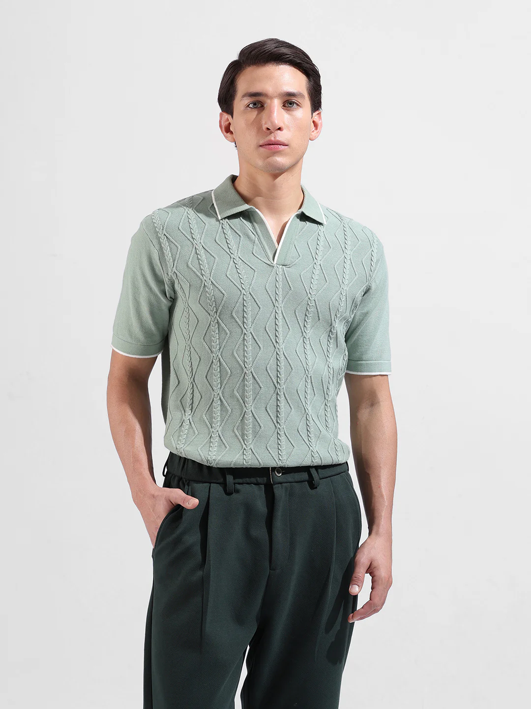 Men's Green Slim Fit Solid Flat Knit Polo Polo T-Shirt - Image 2