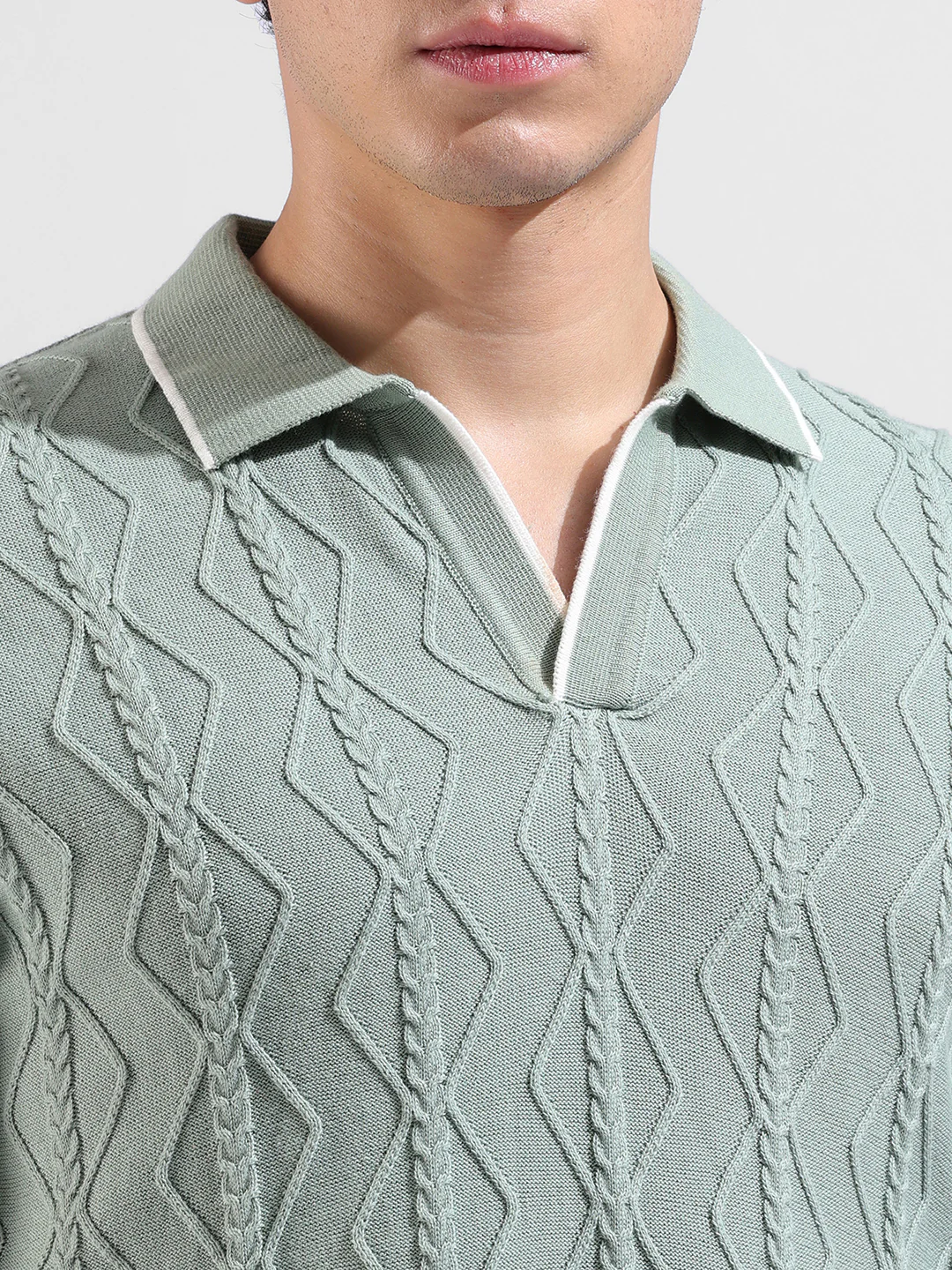 Men's Green Slim Fit Solid Flat Knit Polo Polo T-Shirt - Image 3
