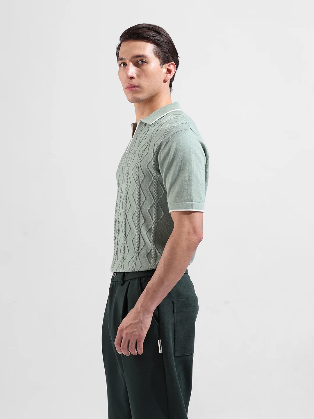 Men's Green Slim Fit Solid Flat Knit Polo Polo T-Shirt - Image 5