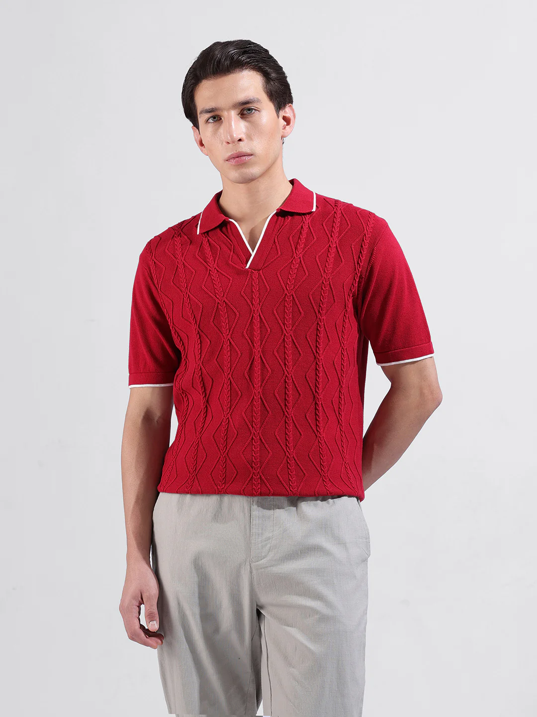 Men's Red Slim Fit Striped Flat Knit Polo Polo T-Shirt - Image 4