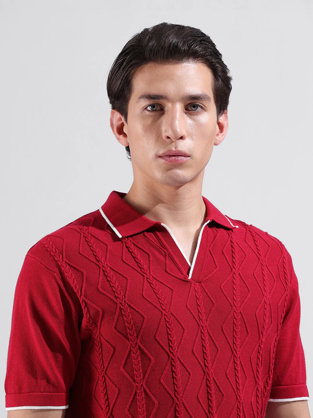 Men's Red Slim Fit Striped Flat Knit Polo Polo T-Shirt - Image 5