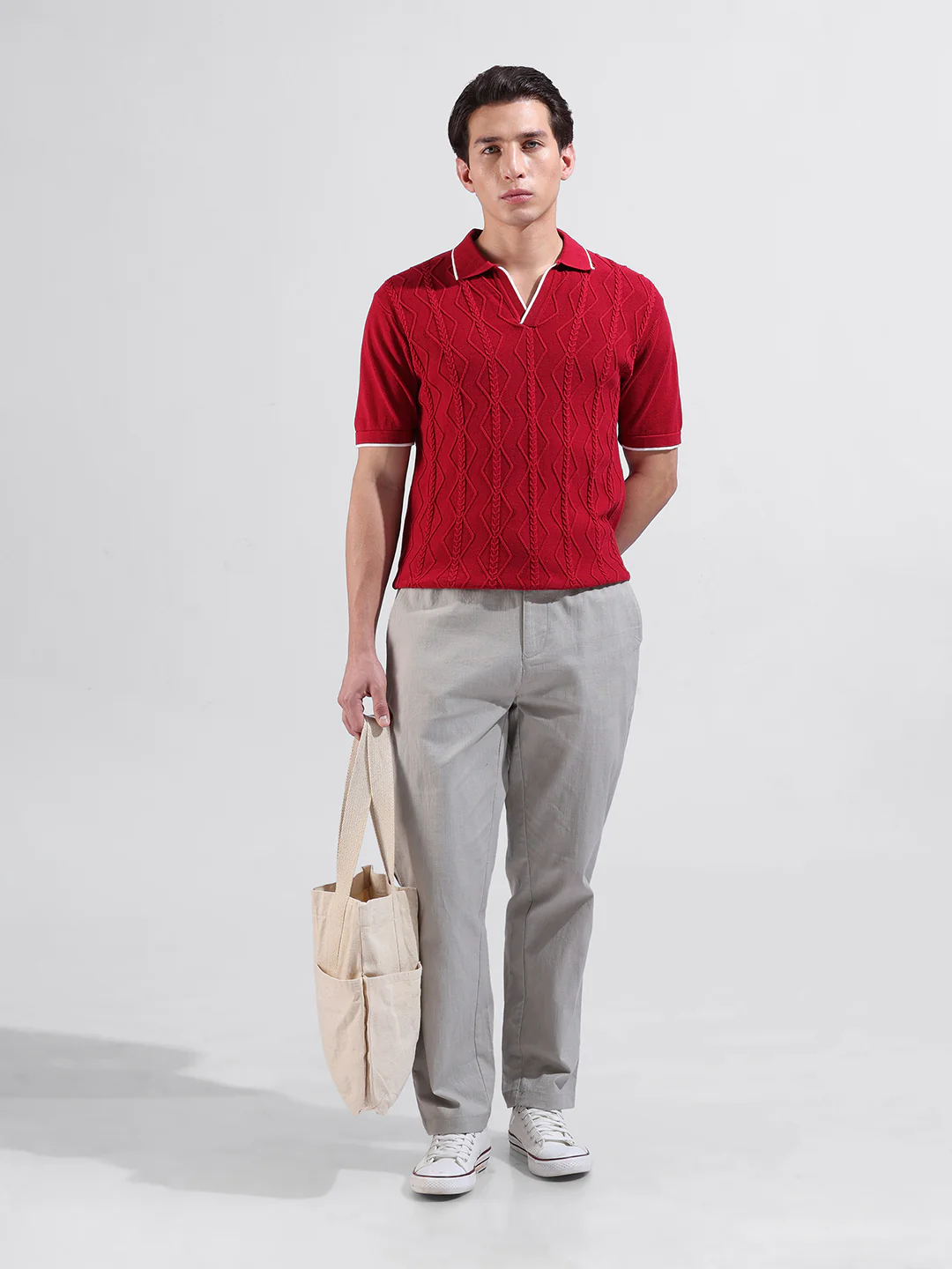 Men's Red Slim Fit Striped Flat Knit Polo Polo T-Shirt - Image 7