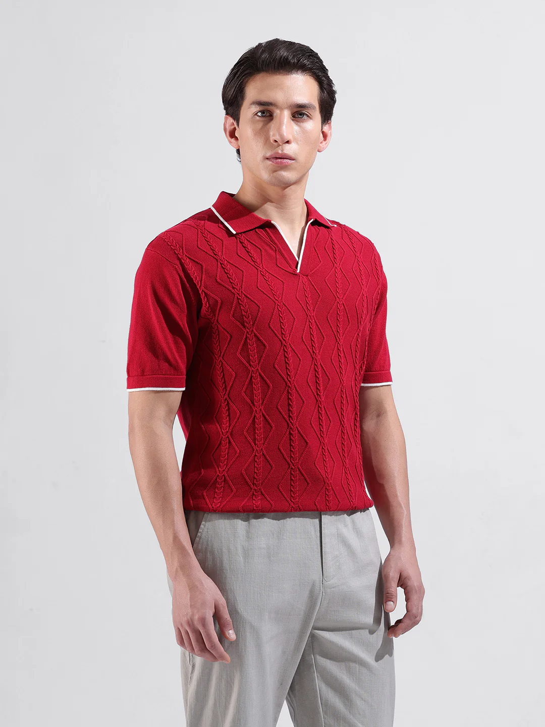Men's Red Slim Fit Striped Flat Knit Polo Polo T-Shirt - Image 8