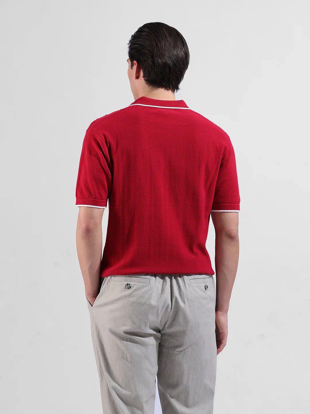 Men's Red Slim Fit Striped Flat Knit Polo Polo T-Shirt - Image 9