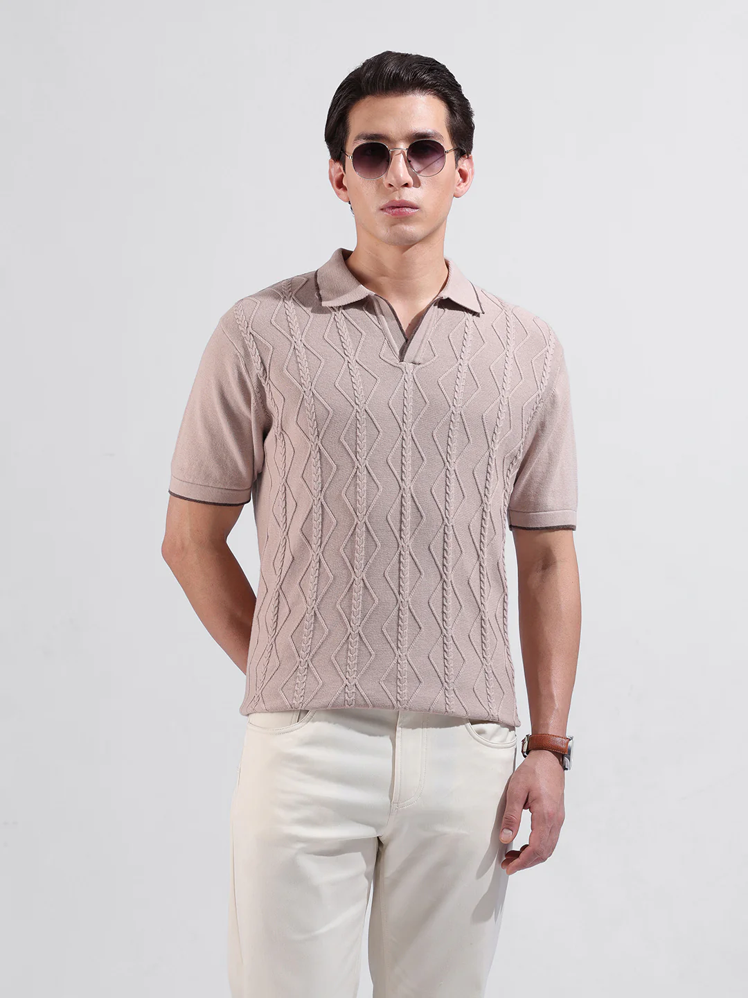 Men's Peach Slim Fit Solid Flat Knit Polo T-Shirt