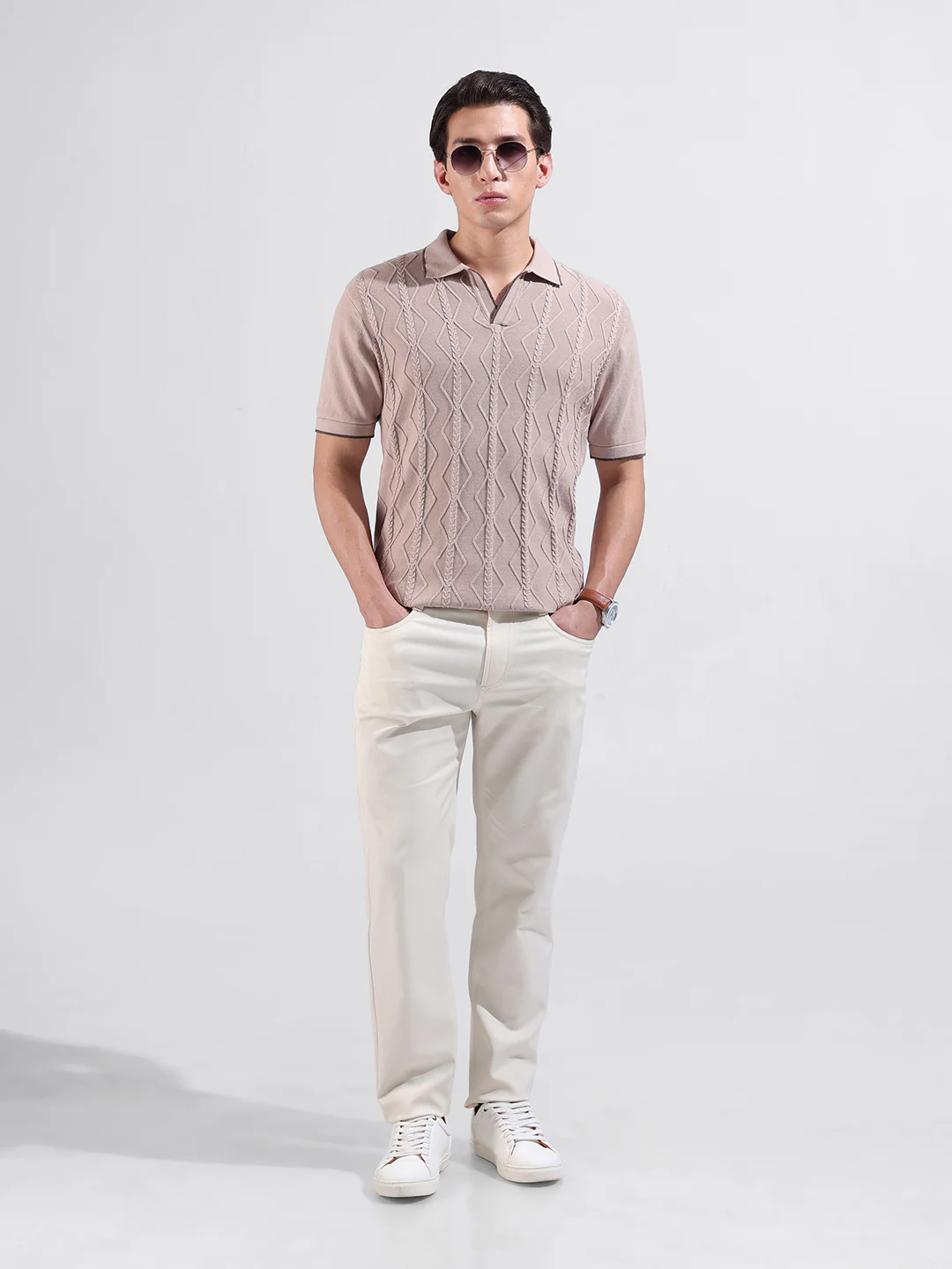 Men's Peach Slim Fit Solid Flat Knit Polo T-Shirt - Image 4