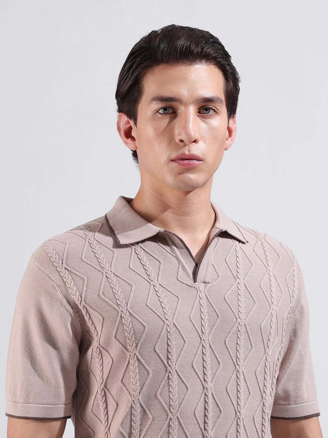 Men's Peach Slim Fit Solid Flat Knit Polo T-Shirt - Image 5
