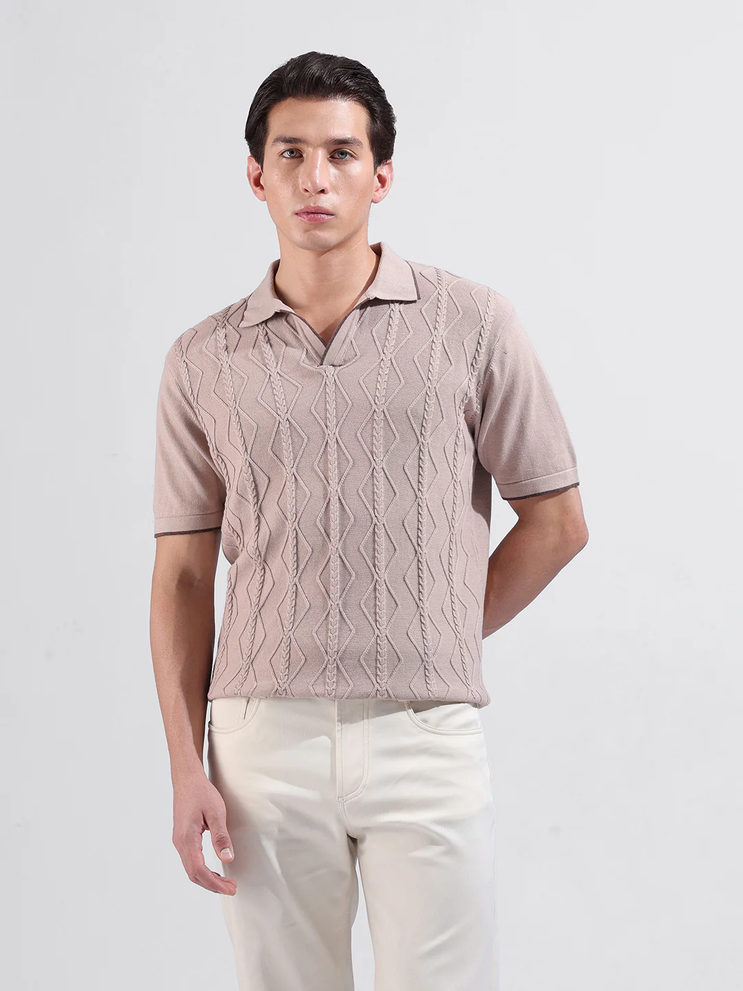 Men's Peach Slim Fit Solid Flat Knit Polo T-Shirt - Image 6