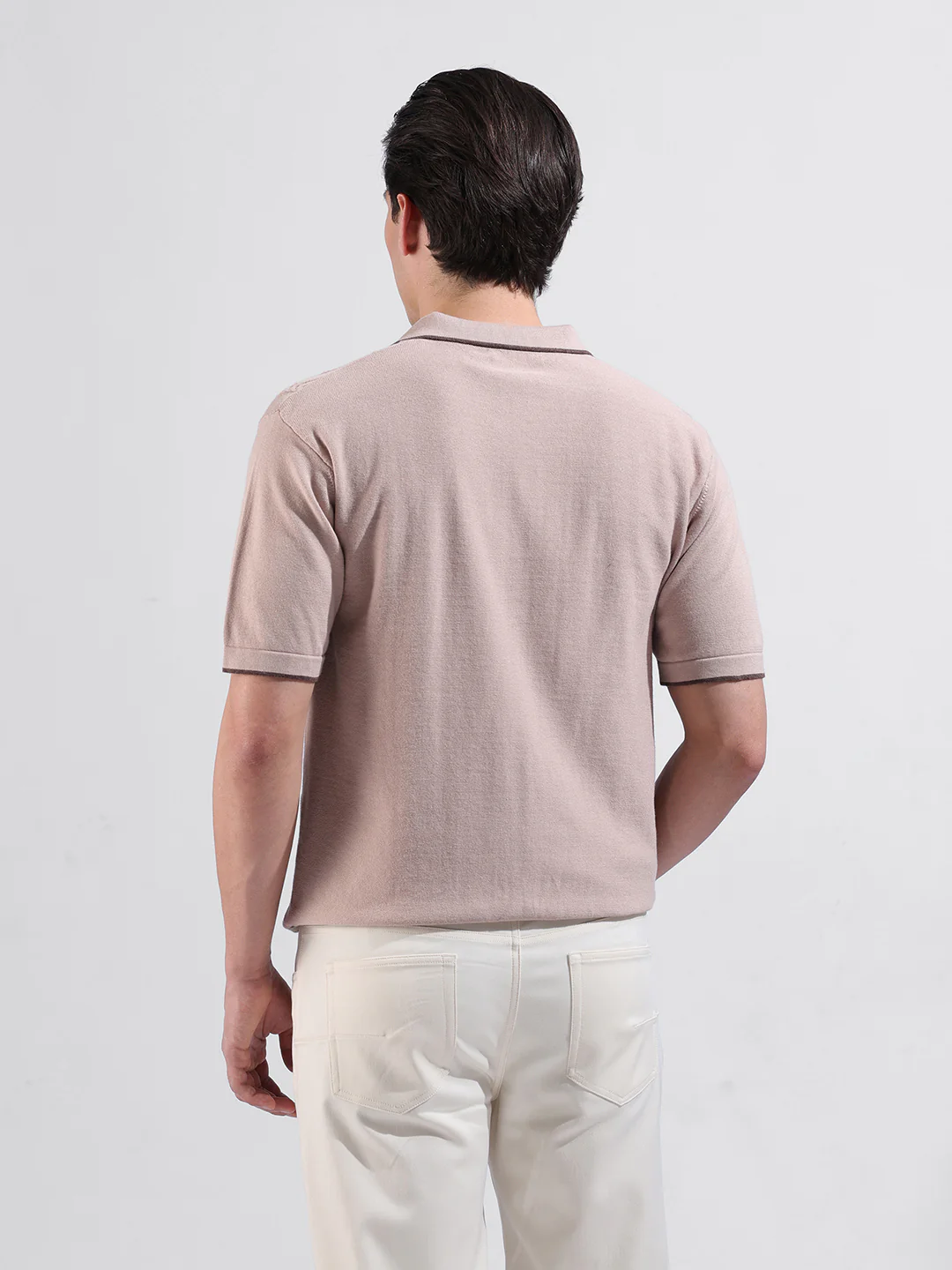 Men's Peach Slim Fit Solid Flat Knit Polo T-Shirt - Image 7