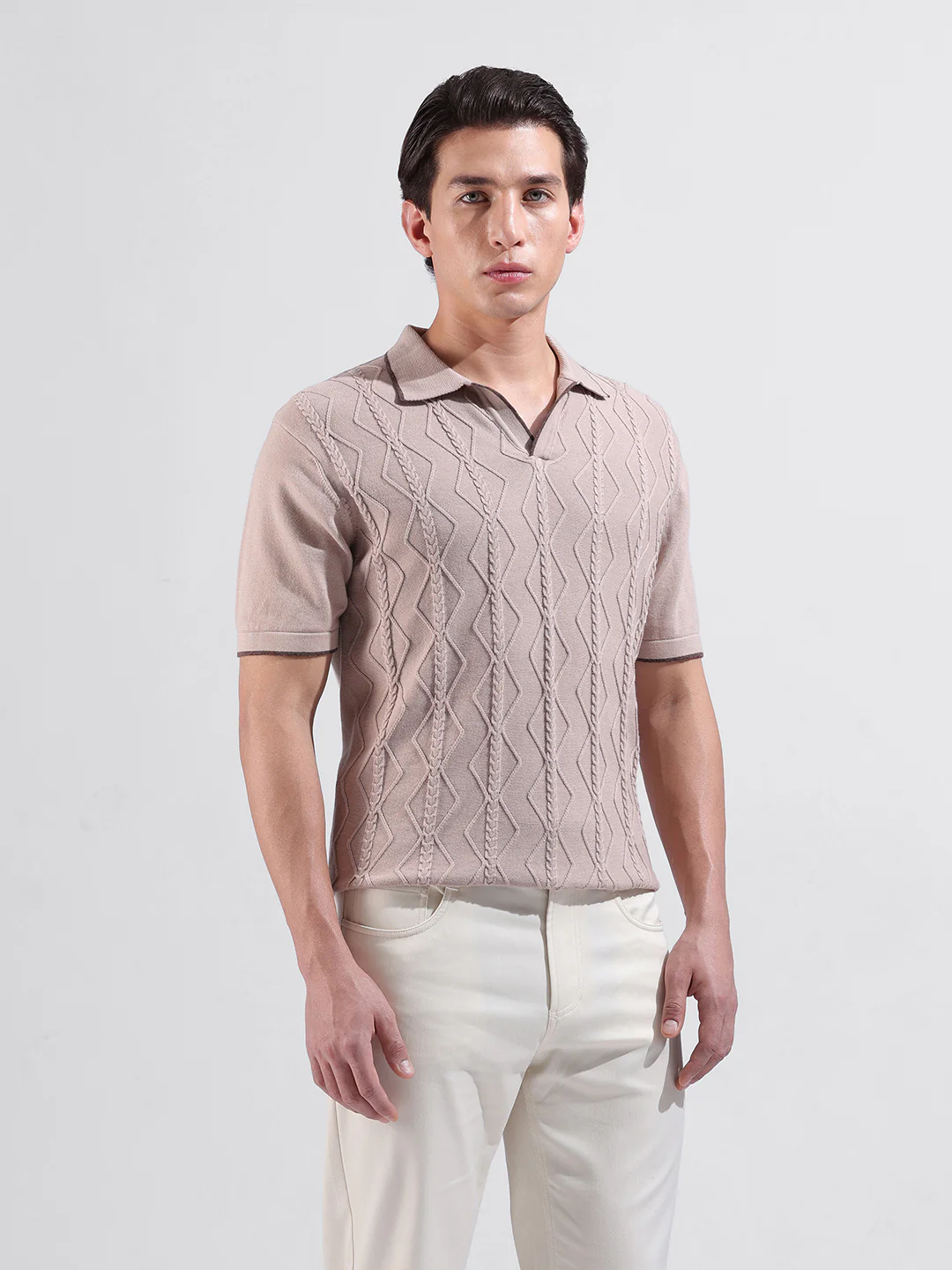 Men's Peach Slim Fit Solid Flat Knit Polo T-Shirt - Image 8