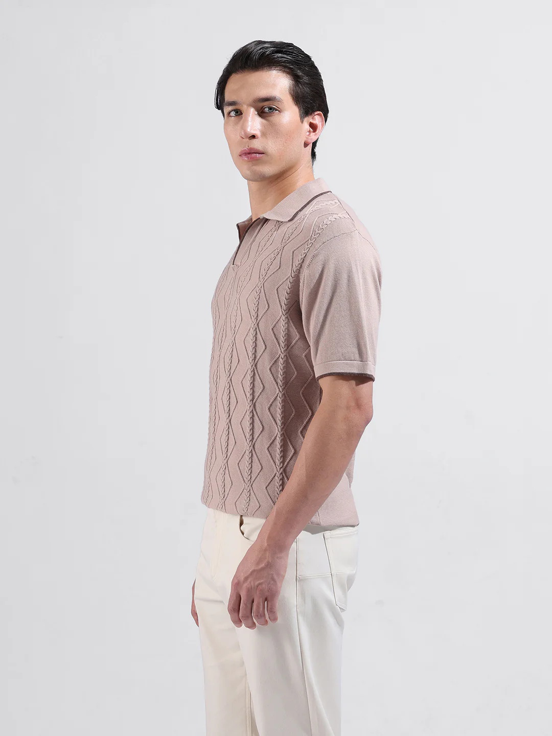 Men's Peach Slim Fit Solid Flat Knit Polo T-Shirt - Image 9