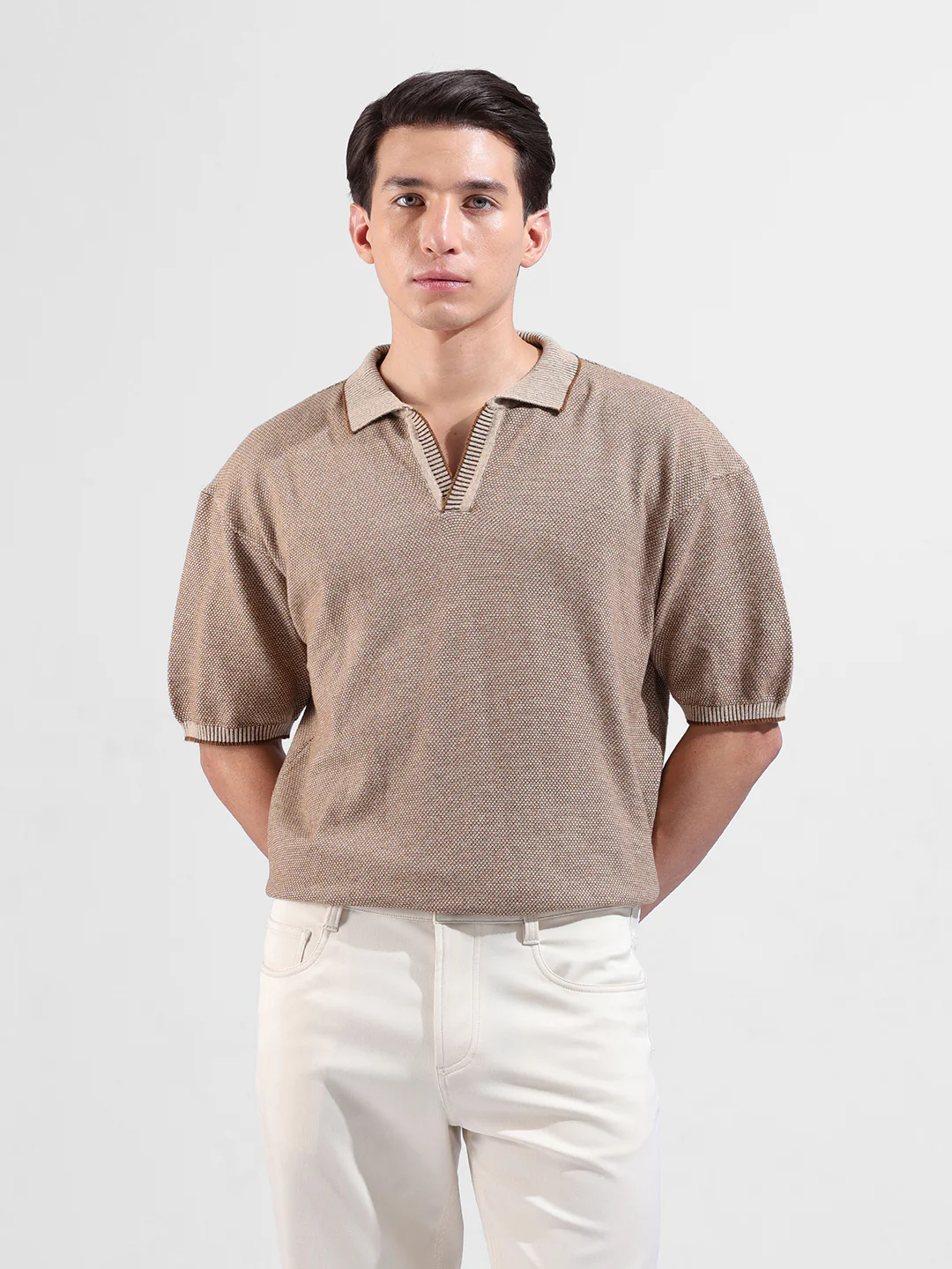 Men's Brown Oversized Fit Solid Flat Knit Polo T-Shirt