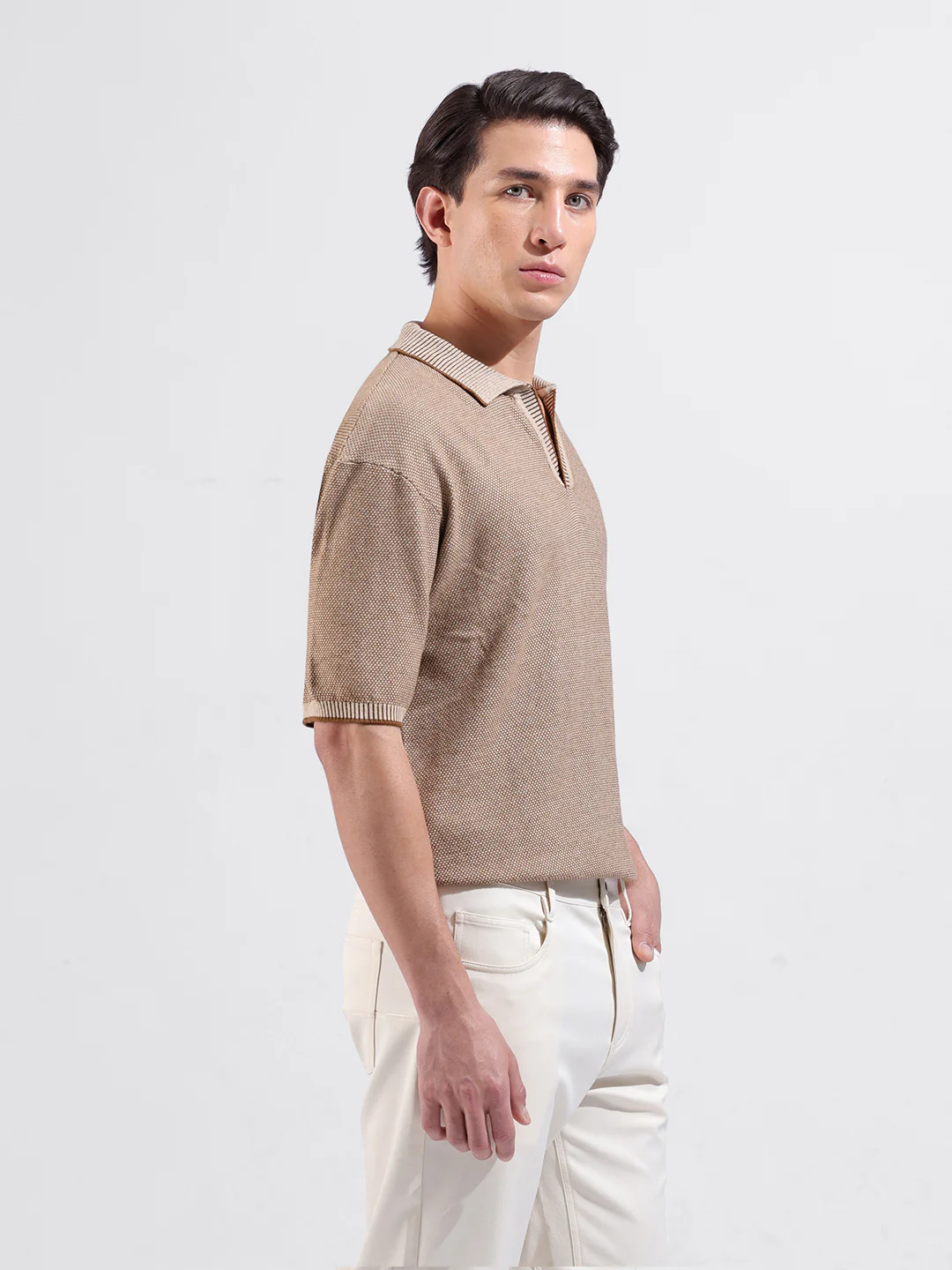 Men's Brown Oversized Fit Solid Flat Knit Polo T-Shirt - Image 2
