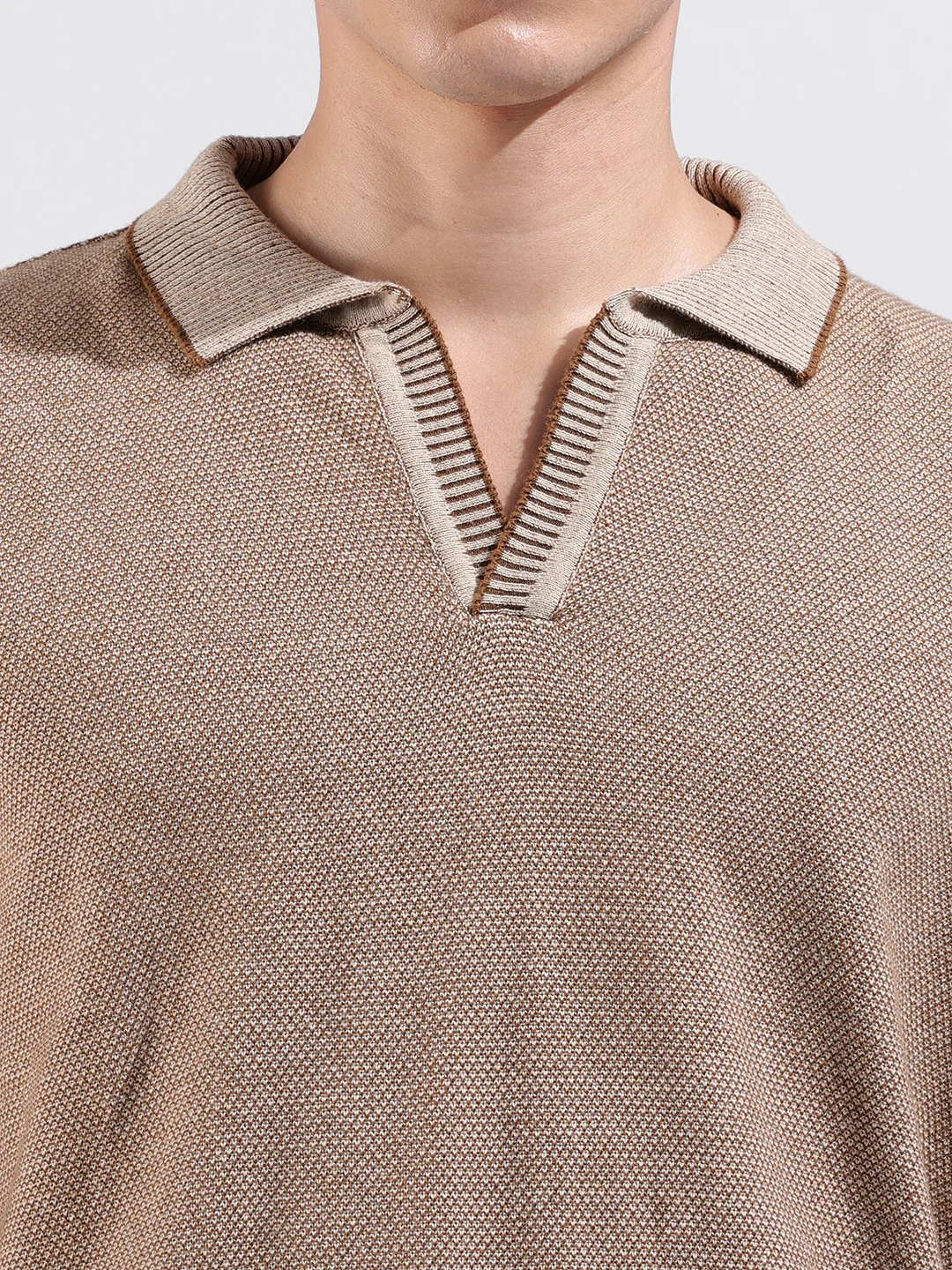 Men's Brown Oversized Fit Solid Flat Knit Polo T-Shirt - Image 3