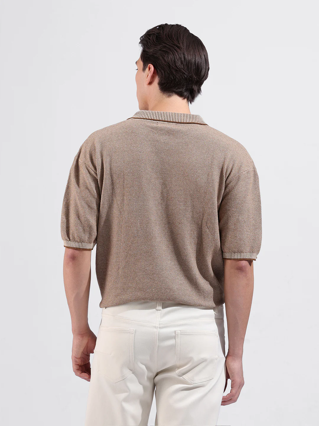 Men's Brown Oversized Fit Solid Flat Knit Polo T-Shirt - Image 5