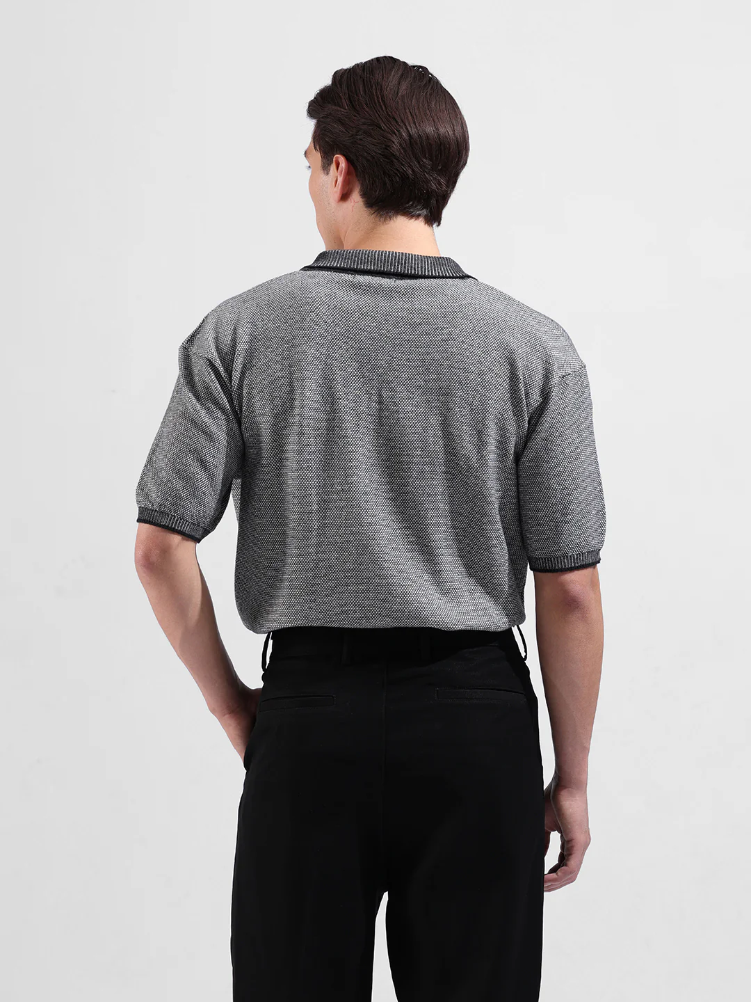 Men's Grey Oversized Fit Solid Flat Knit Polo  Polo T-Shirt - Image 7