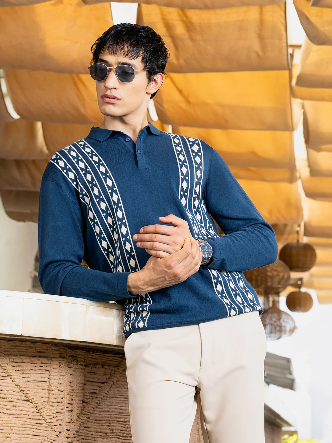 Men's Blue Oversized Fit Striped Flat Knit Polo T-Shirt