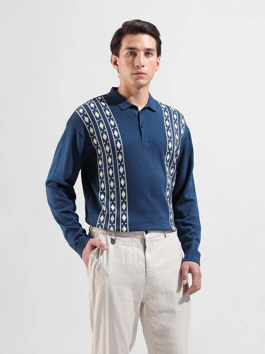 Men's Blue Oversized Fit Striped Flat Knit Polo T-Shirt - Image 2