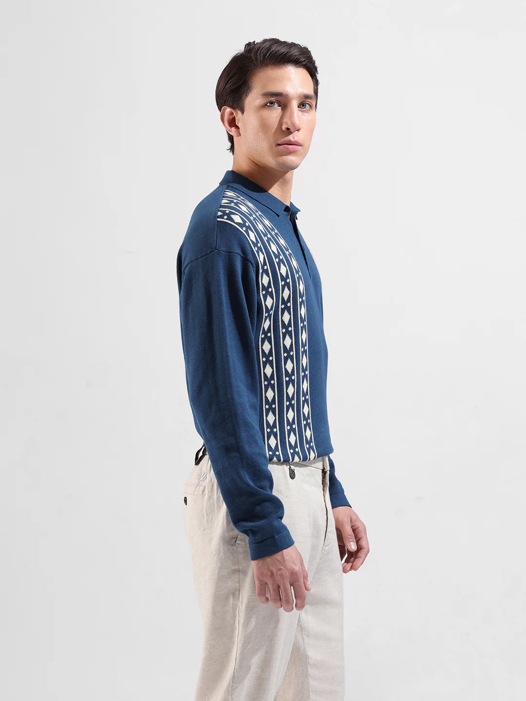 Men's Blue Oversized Fit Striped Flat Knit Polo T-Shirt - Image 4