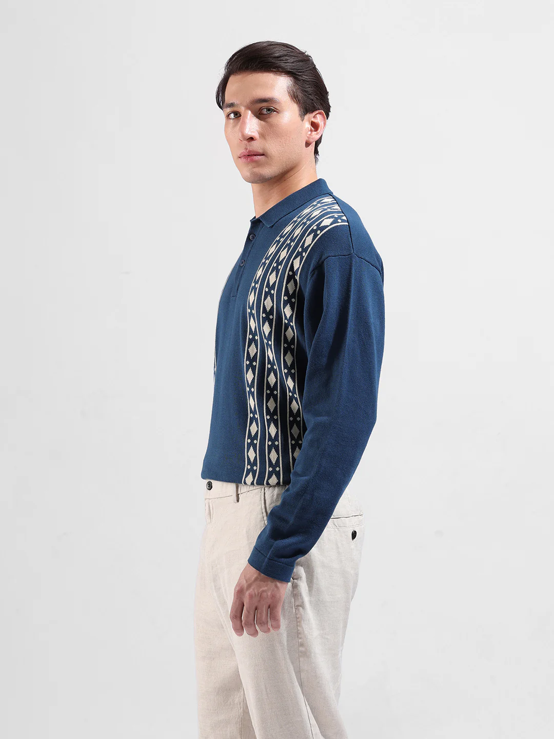 Men's Blue Oversized Fit Striped Flat Knit Polo T-Shirt - Image 5