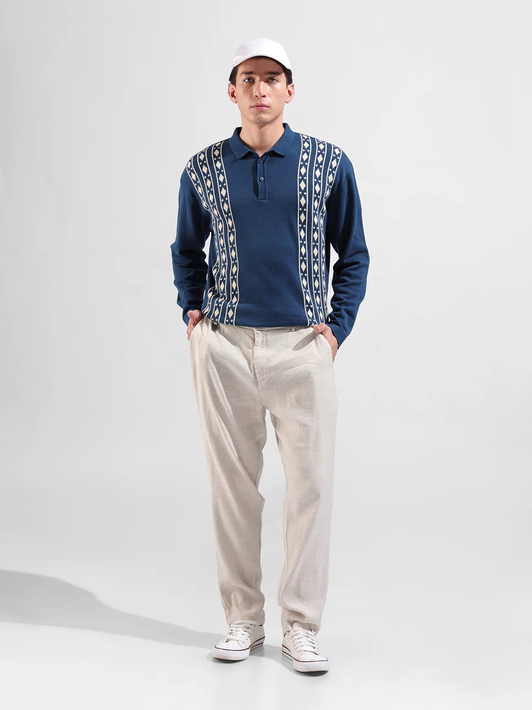 Men's Blue Oversized Fit Striped Flat Knit Polo T-Shirt - Image 6