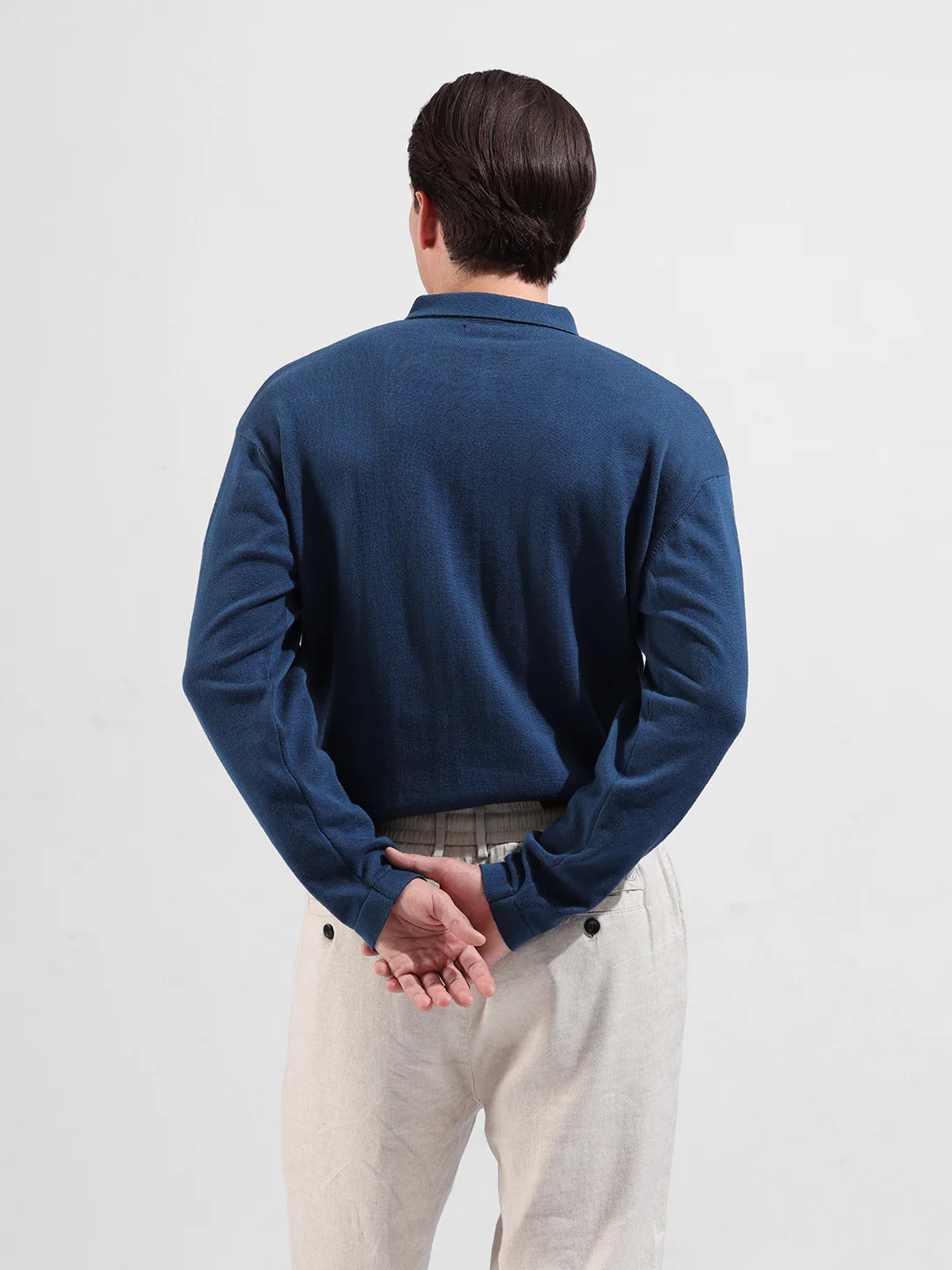 Men's Blue Oversized Fit Striped Flat Knit Polo T-Shirt - Image 7