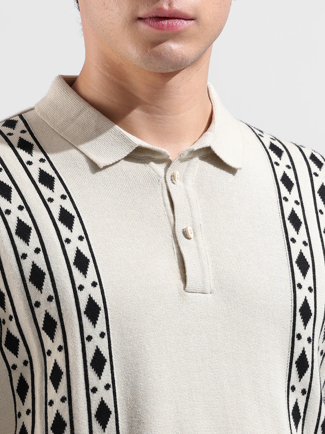Men's Beige Oversized Fit Striped Flat Knit Polo T-Shirt - Image 3