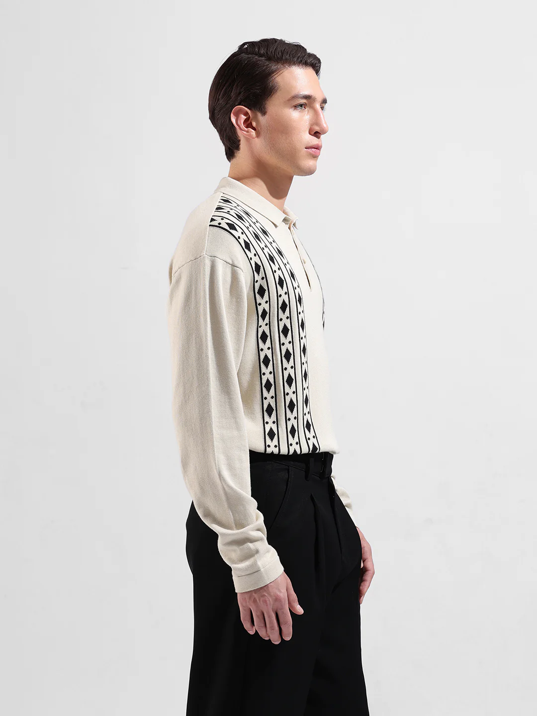 Men's Beige Oversized Fit Striped Flat Knit Polo T-Shirt - Image 4