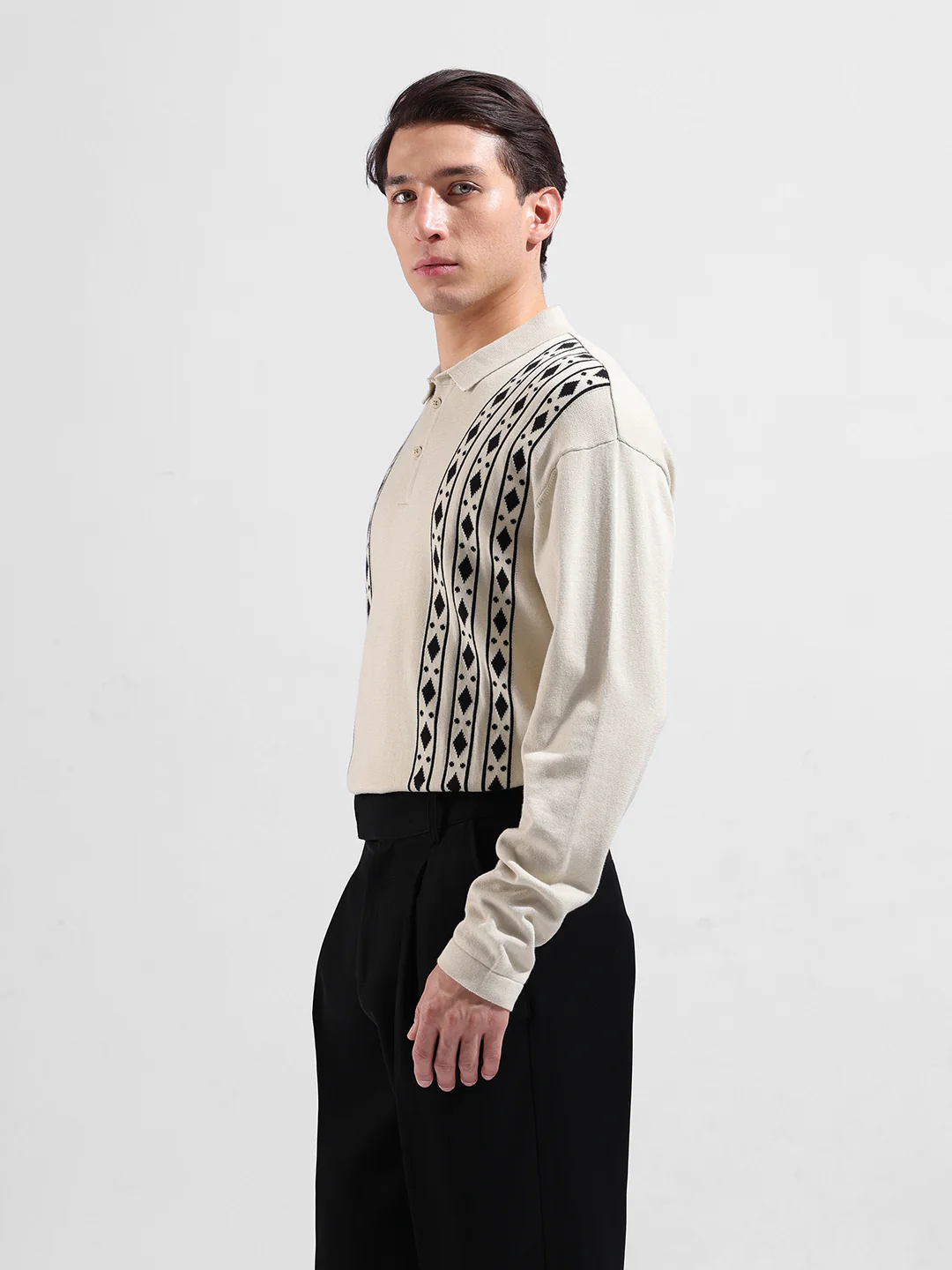 Men's Beige Oversized Fit Striped Flat Knit Polo T-Shirt - Image 5