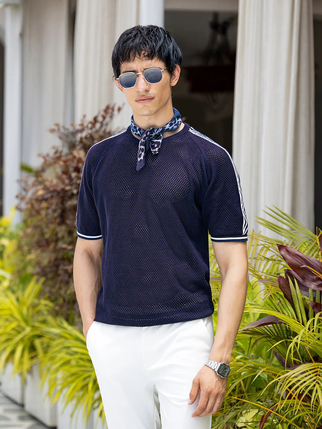 Men's Navy Blue Oversized Fit Solid Flat Knit Crew Neck T-Shirt