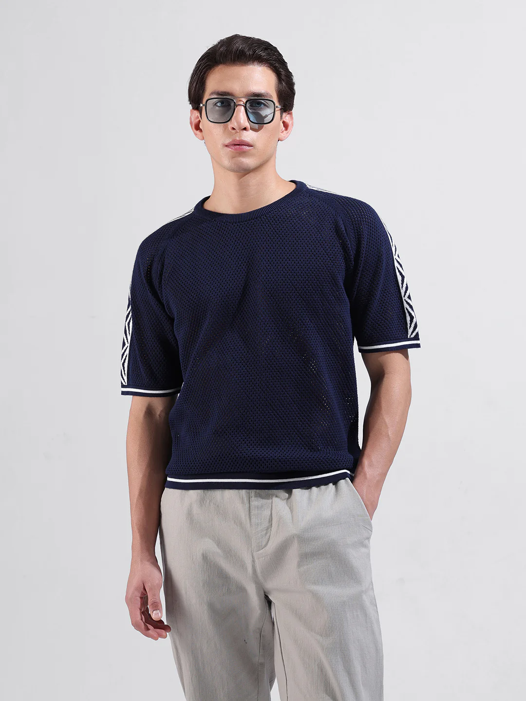 Men's Navy Blue Oversized Fit Solid Flat Knit Crew Neck T-Shirt - Image 2