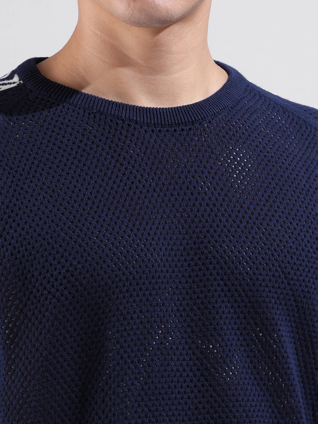 Men's Navy Blue Oversized Fit Solid Flat Knit Crew Neck T-Shirt - Image 3
