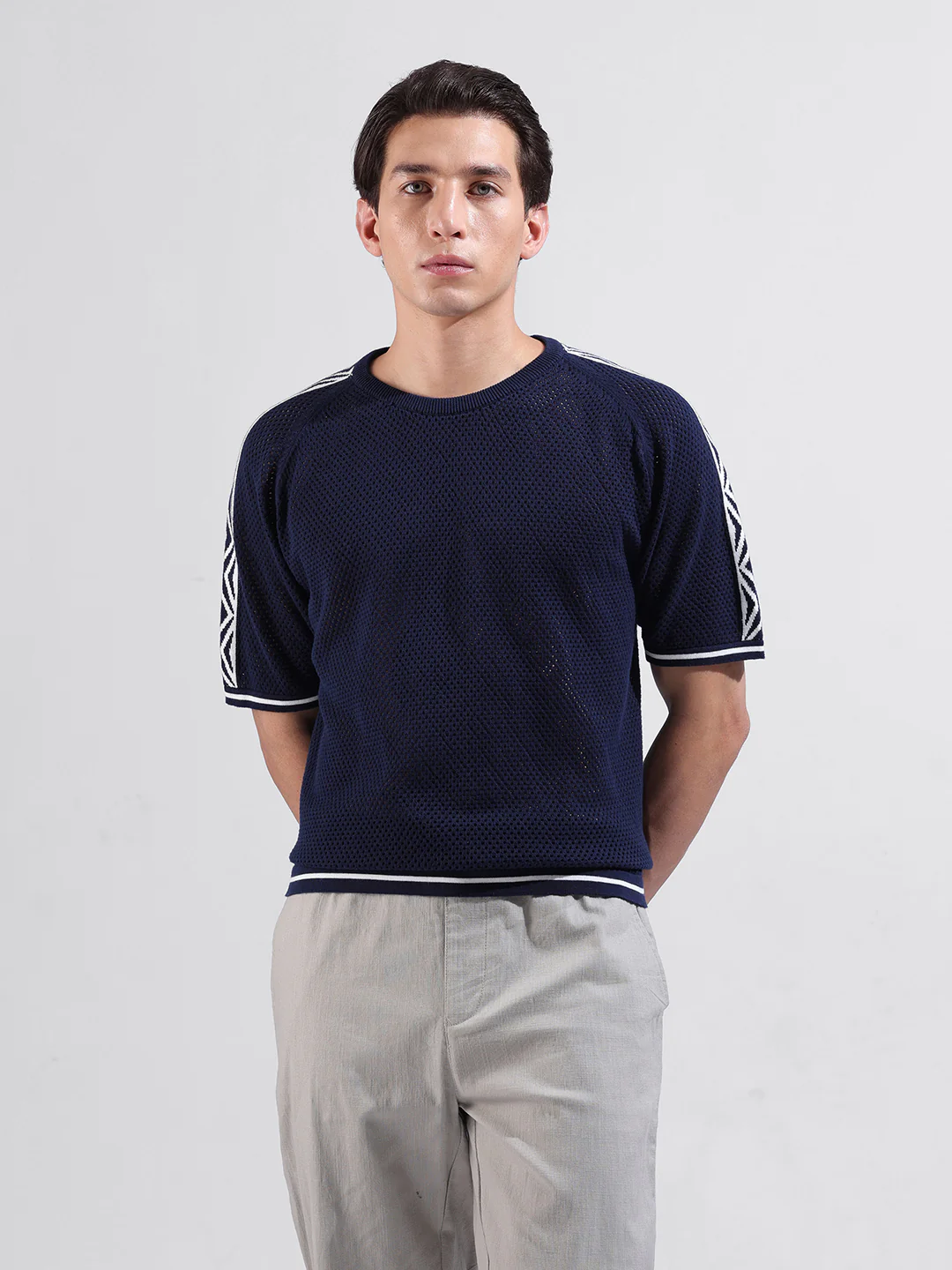 Men's Navy Blue Oversized Fit Solid Flat Knit Crew Neck T-Shirt - Image 4