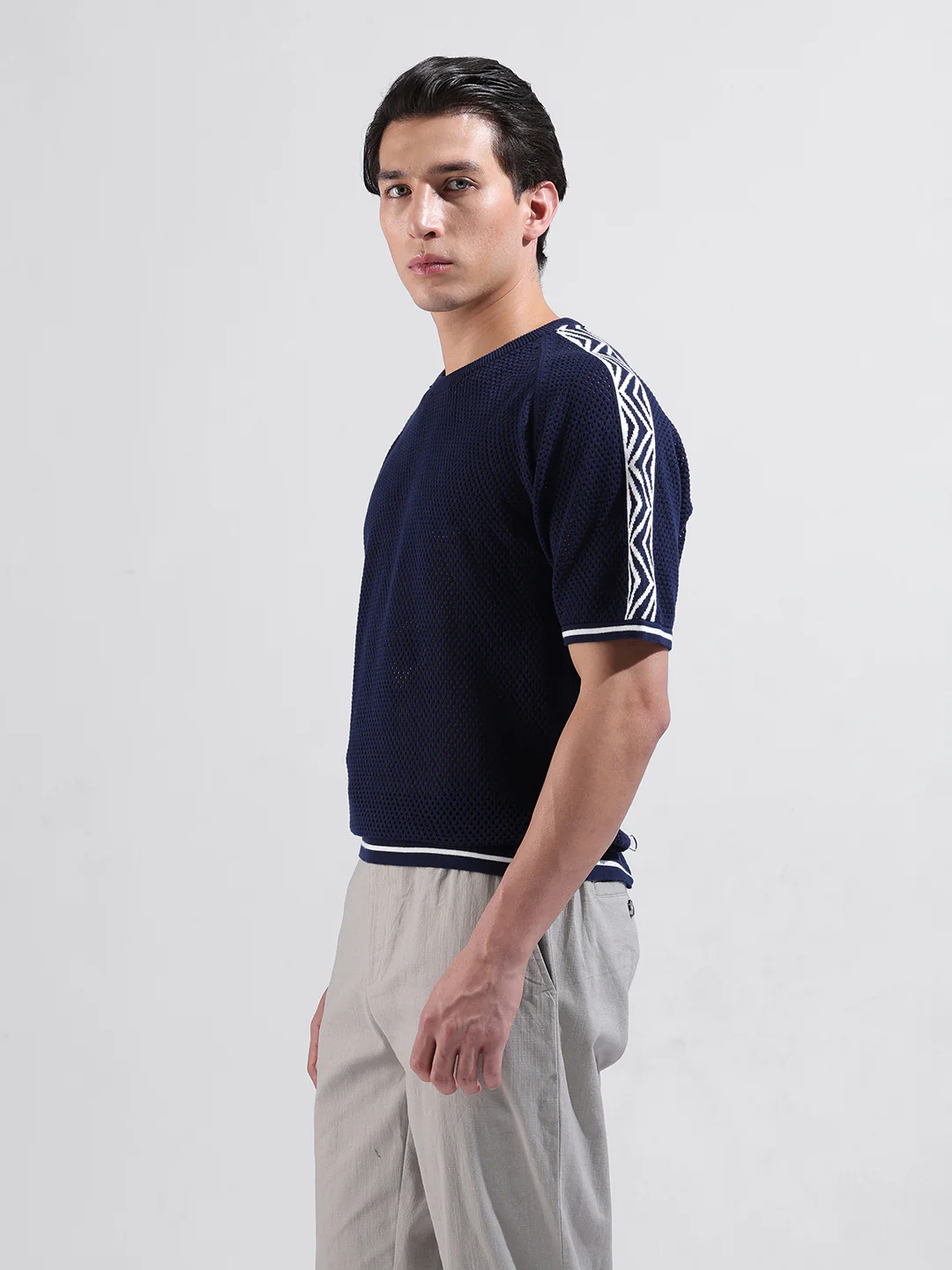 Men's Navy Blue Oversized Fit Solid Flat Knit Crew Neck T-Shirt - Image 5
