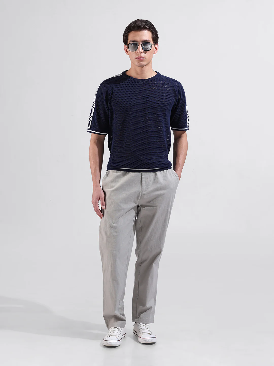 Men's Navy Blue Oversized Fit Solid Flat Knit Crew Neck T-Shirt - Image 6