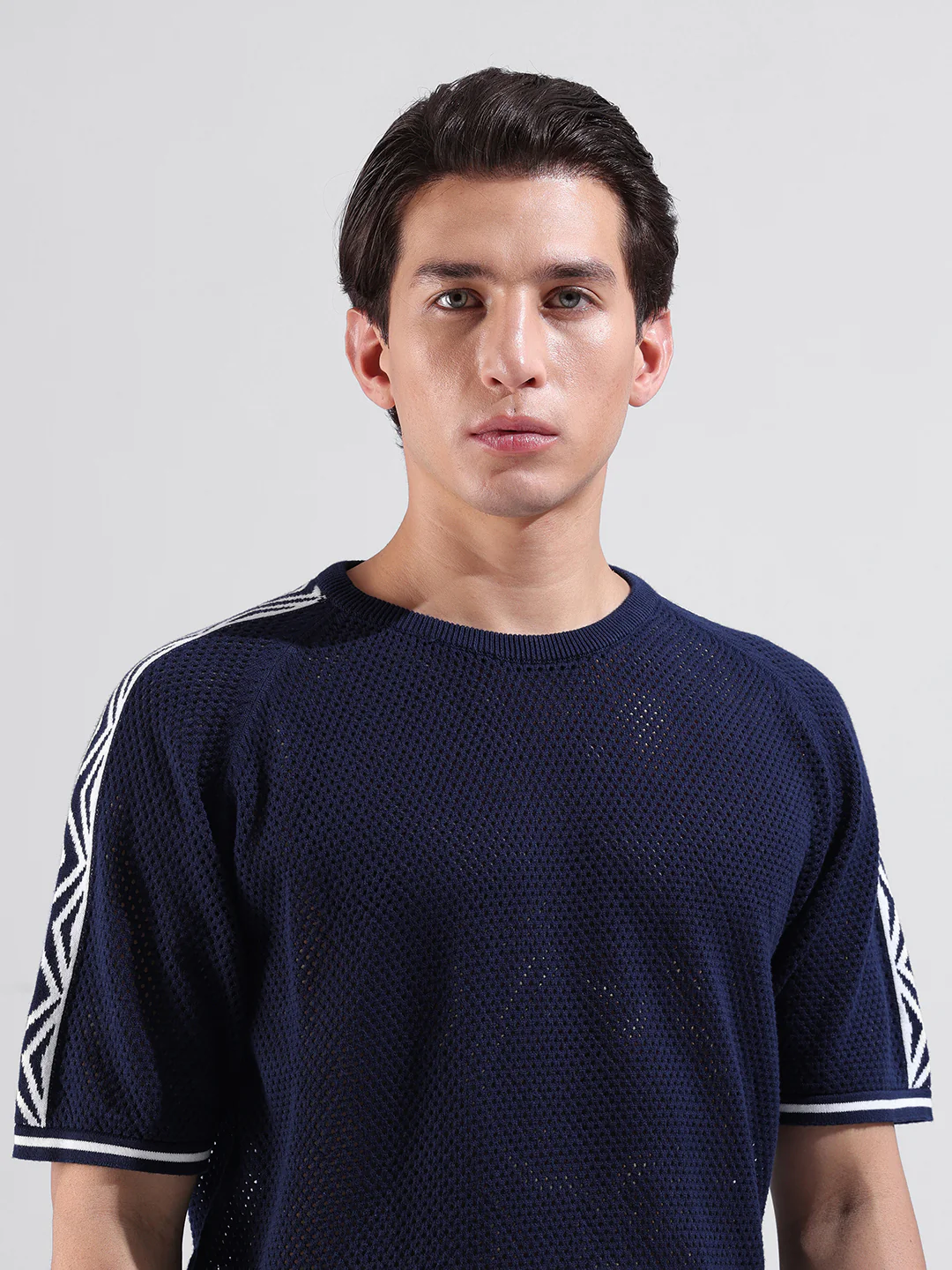Men's Navy Blue Oversized Fit Solid Flat Knit Crew Neck T-Shirt - Image 7