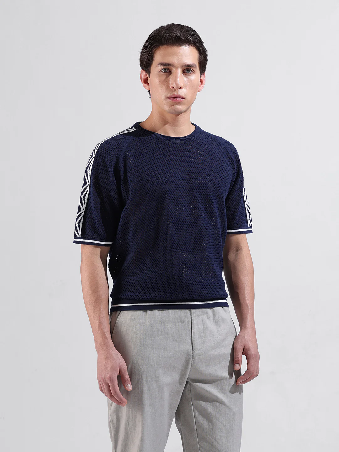Men's Navy Blue Oversized Fit Solid Flat Knit Crew Neck T-Shirt - Image 8