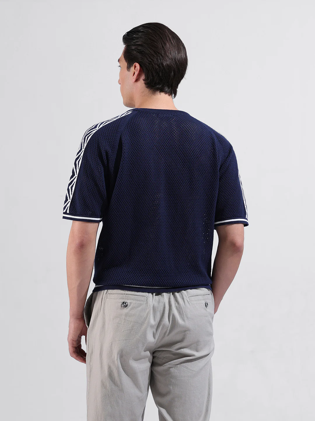 Men's Navy Blue Oversized Fit Solid Flat Knit Crew Neck T-Shirt - Image 9