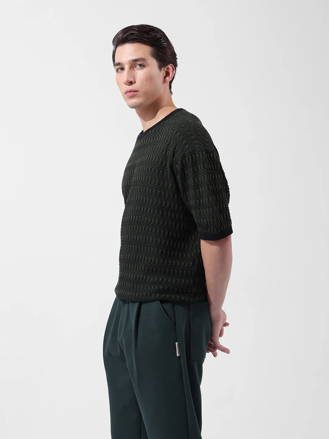 Men's Green Oversized Fit Solid Flat Knit Crew Neck T-Shirt - Image 4