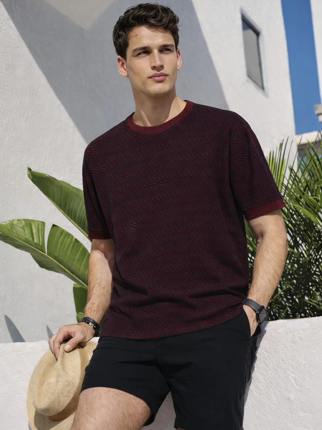 Men's Maroon Oversized Fit Solid Flat Knit Crew Neck T-Shirt