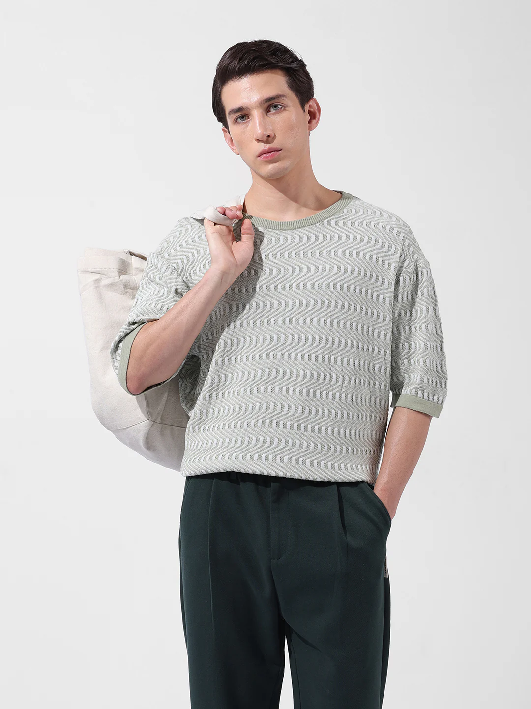 Men's Green Oversized Fit Solid Flat Knit T-Shirt